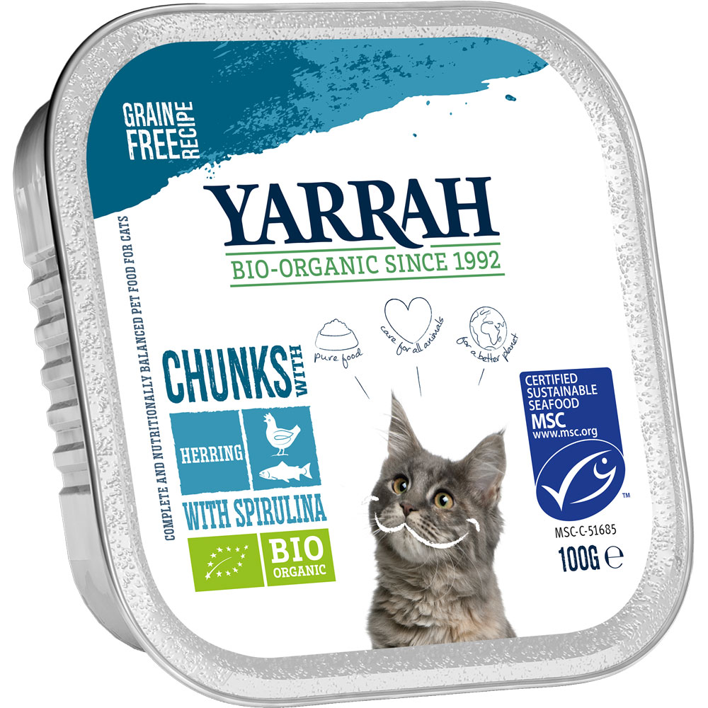 4er-SET Bio Katzenfutter Bröckchen Huhn mit Fisch 100g Schale Yarrah - Bild 1