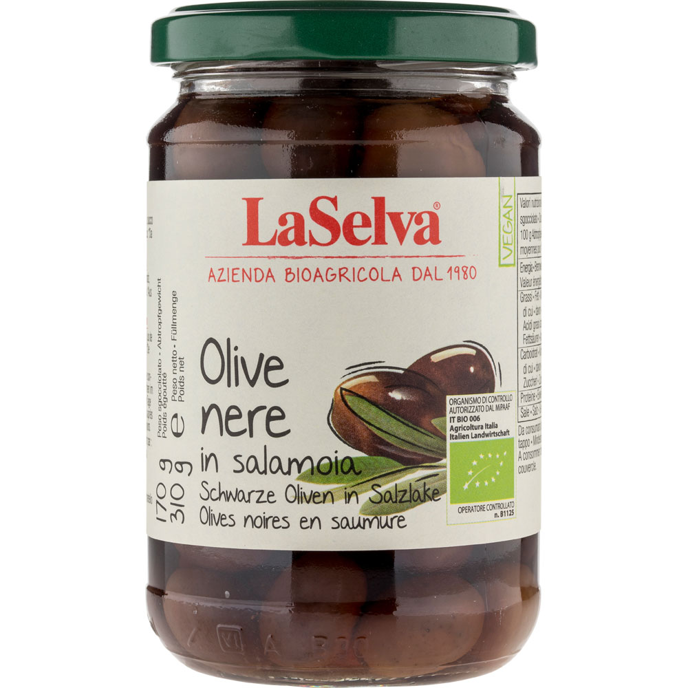 6er-VE Schwarze Oliven in Salzlake im Glas 310g LaSelva - Bild 1