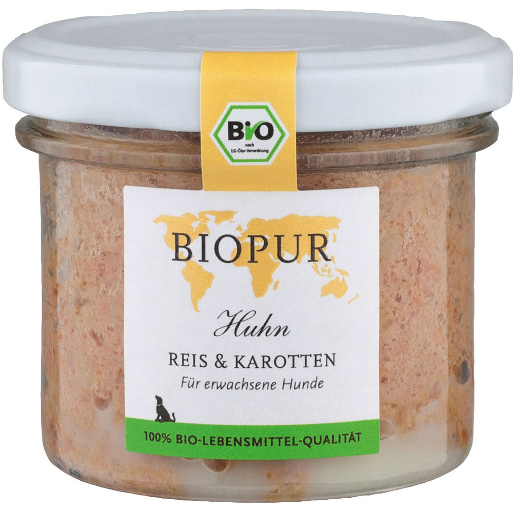 Bio Hundefutter Huhn, Reis, Karotten 100g im GLAS (!!!) 100g Biopur - Bild 1
