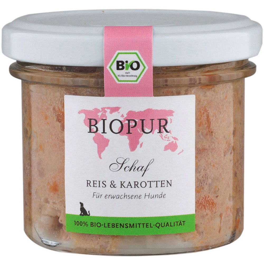 Bio Hundefutter Schaf, Reis, Karotte im GLAS! 100g BIOPUR - Bild 1