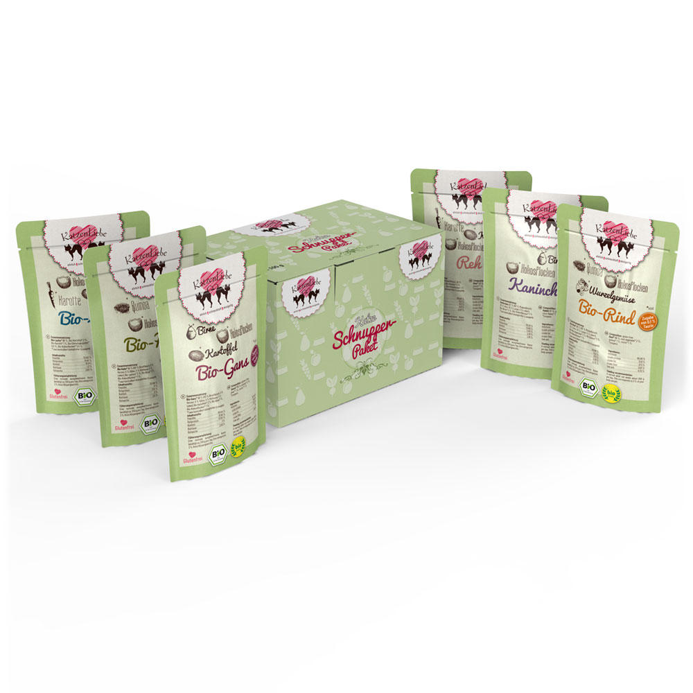 10er-SET Schnupperpaket Bio/Nicht Bio Katze 6x100 g alle Sorten 600g Katzenliebe - Bild 1