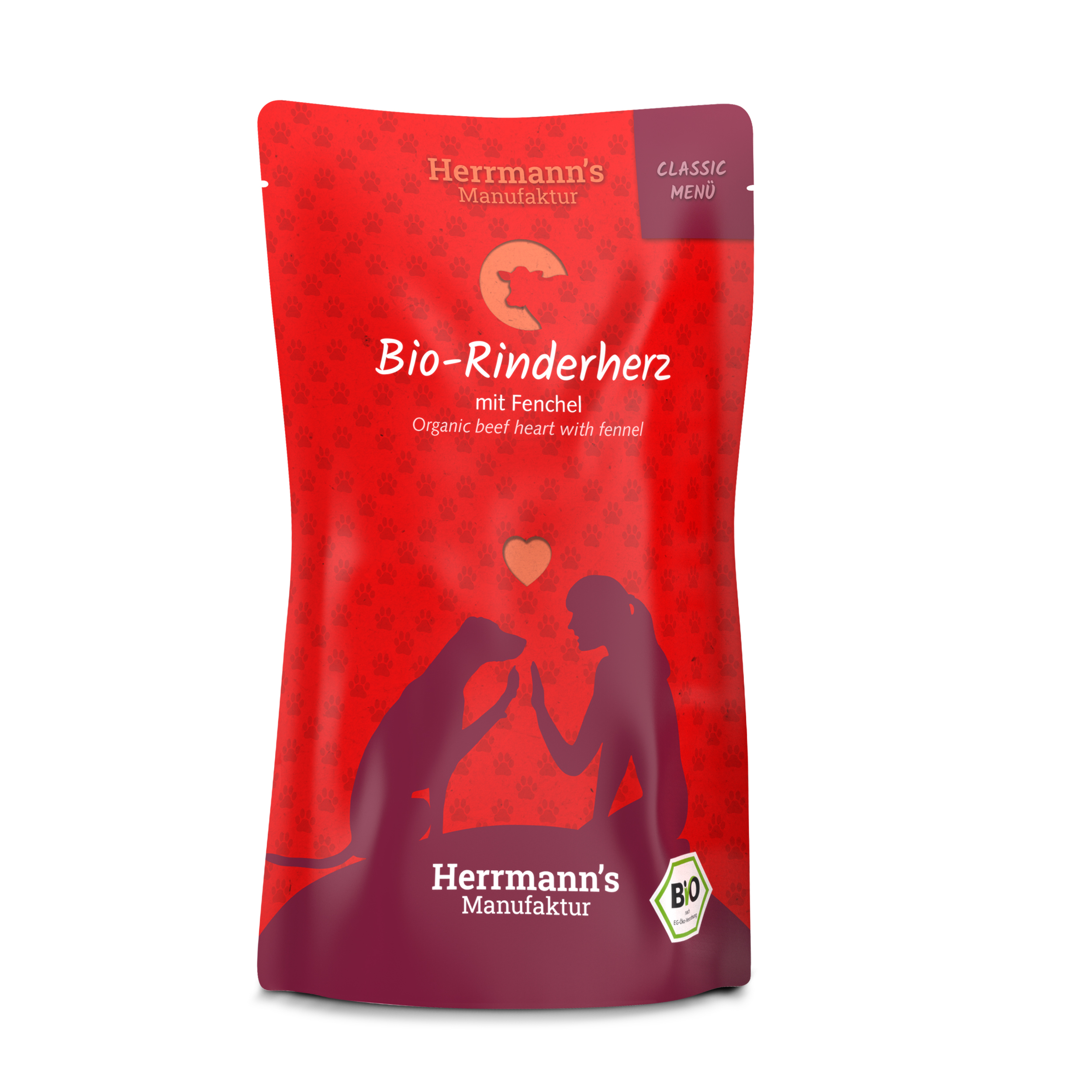 10er-VE Bio Hundefutter Feucht Rinderherzen, Fenchel, ... 130g Pouchbeutel - Bild 1
