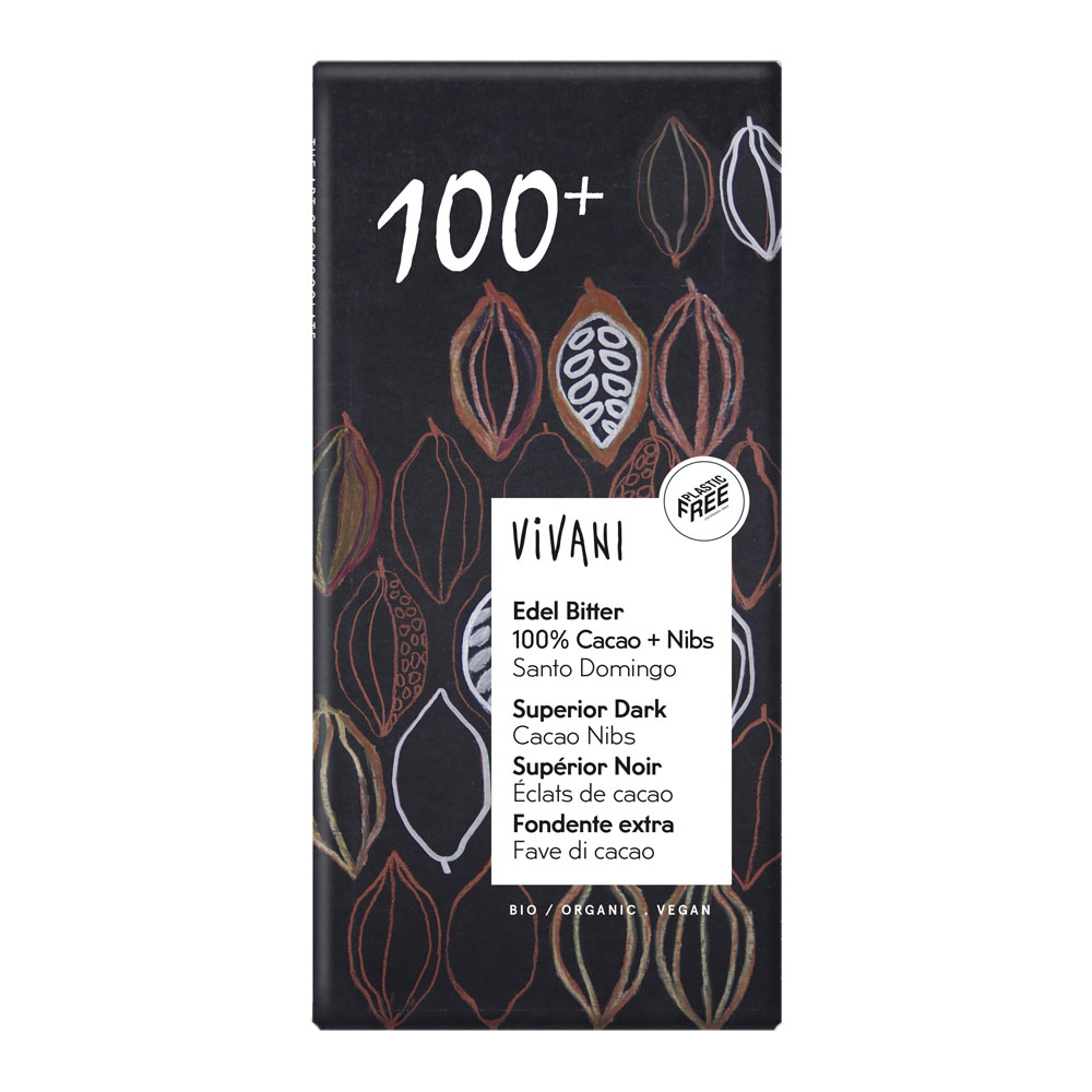 10er-VE Bio Schokolade Edel-Bitter 100 % Kakao mit 5 % crispigen Nibs 80g Vivani - Bild 1
