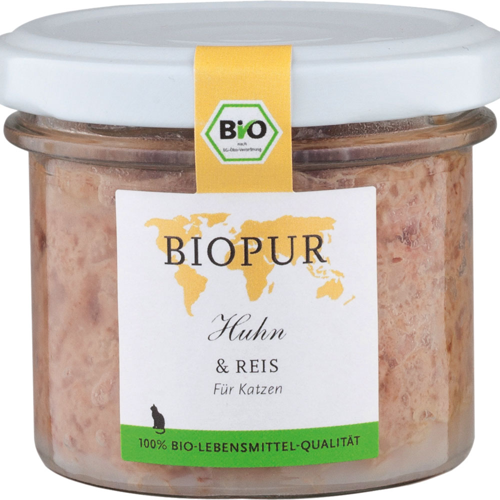 12er-SET Bio Katzenfutter Huhn, Reis 100g im GLAS (!!!) 100g Biopur - Bild 1