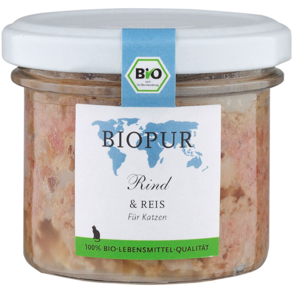 12er-SET Bio Katzenfutter Rind, Reis 100g im GLAS (!!!) 100g Biopur - Bild 1