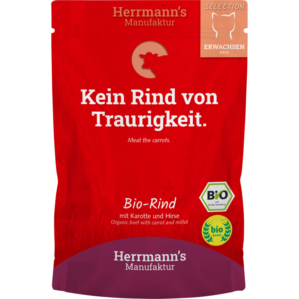12er-SET Bio Katzenfutter Rind mit Karotten und Hirse 100g Herrmanns - Bild 1