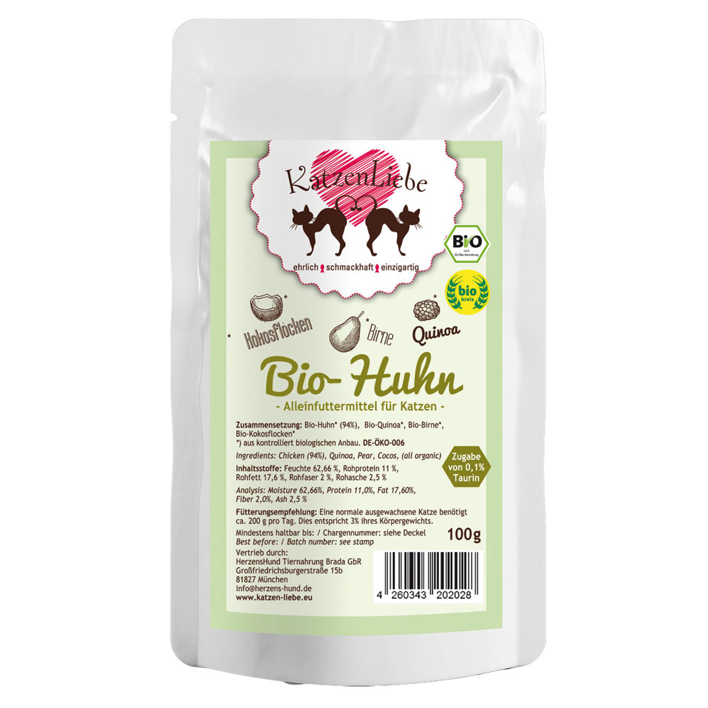 12er-VE Bio Erg&auml;nzungsfutter Katze Huhn, Quinoa, Birne Pouch Beutel 100g Katzenl - Bild 1