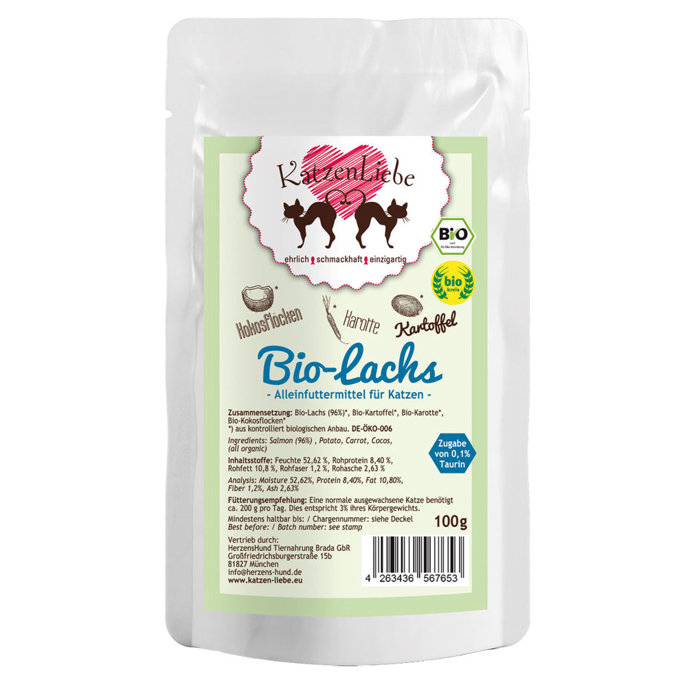 12er-VE Bio Erg&auml;nzungsfutter Katze Lachs, Kartoffel Pouch Beutel 100g Katzenlieb - Bild 1