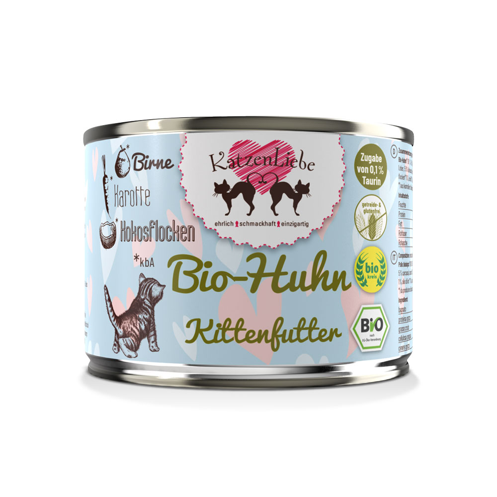 12er-VE Bio Huhn mit Karotte, Ergänzungsfutter Kitten 200g  Katzenliebe - Bild 1