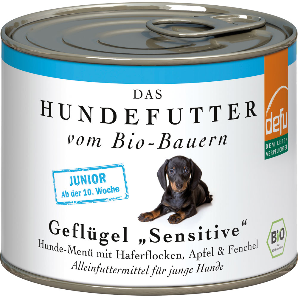 12er-VE Bio Hundefutter Junior Geflügel Sensitiv 200g defu - Bild 1