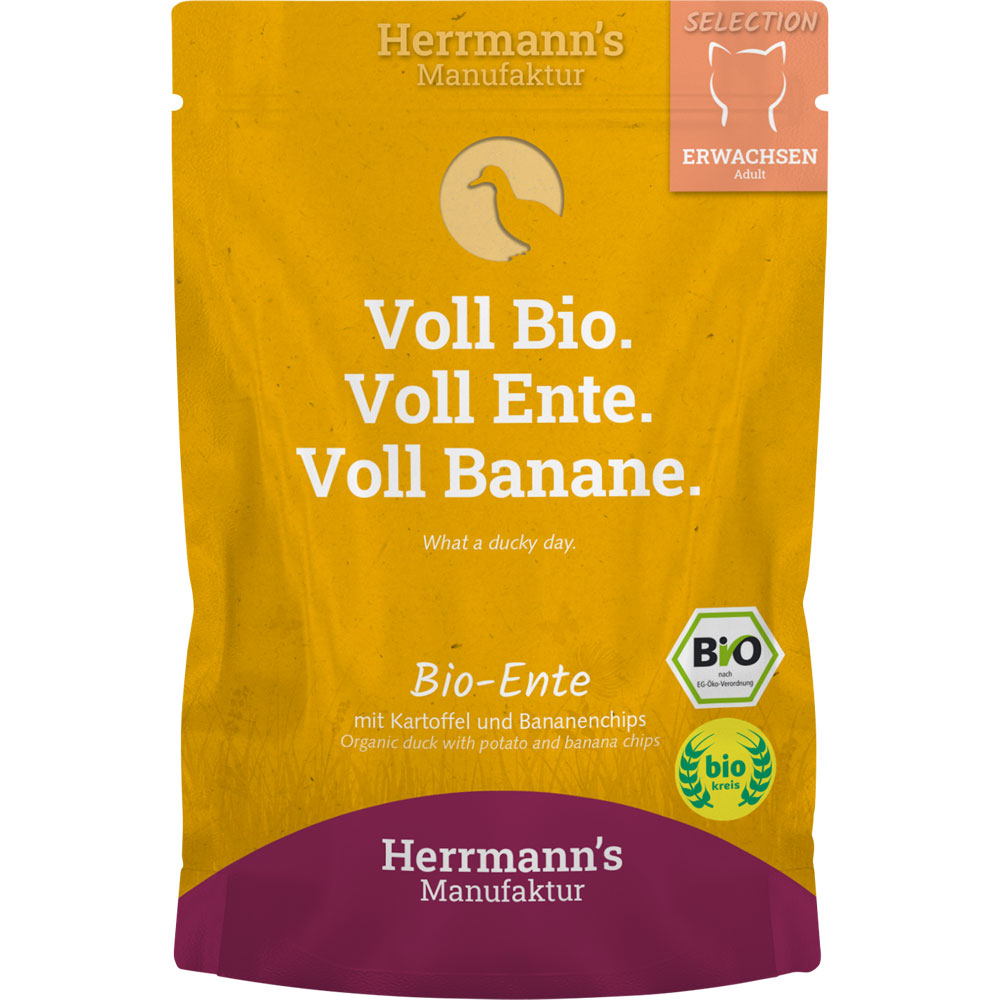 12er-VE Bio Katzenfutter Ente mit Kartoffeln und Bananenchips 100g Herrmanns - Bild 1
