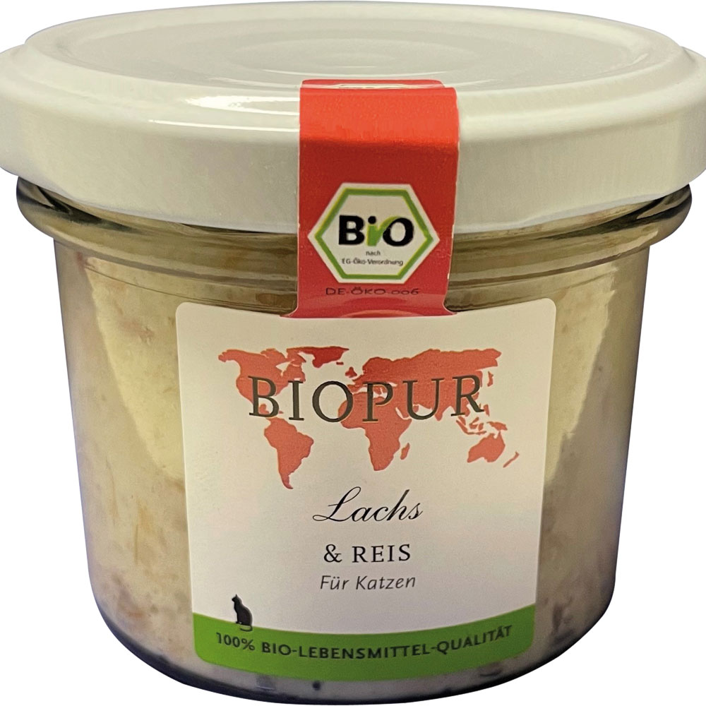 12er-VE Bio Katzenfutter Lachs & Reis 100g im GLAS (!!!) glutenfrei Biopur - Bild 1