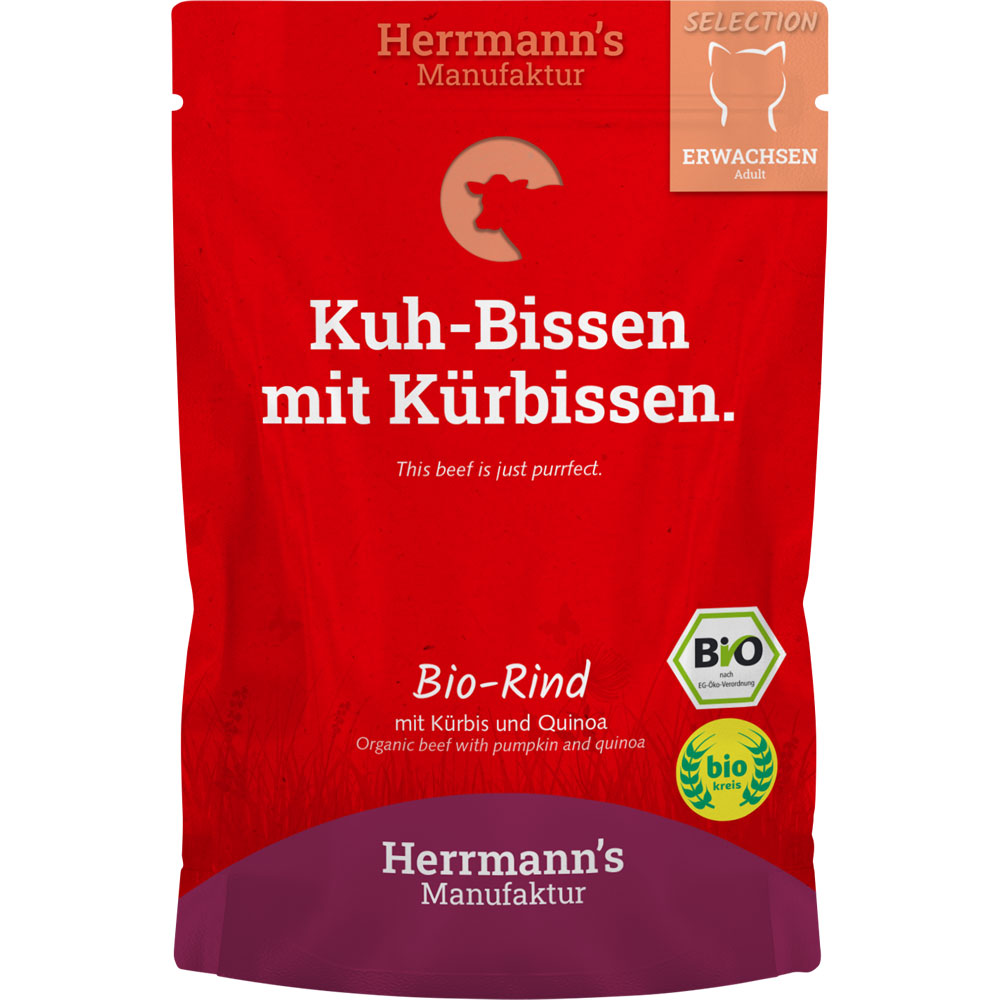 12er-VE Bio Katzenfutter Rind mit Quinoa und K&uuml;rbis  100g Herrmanns - Bild 1