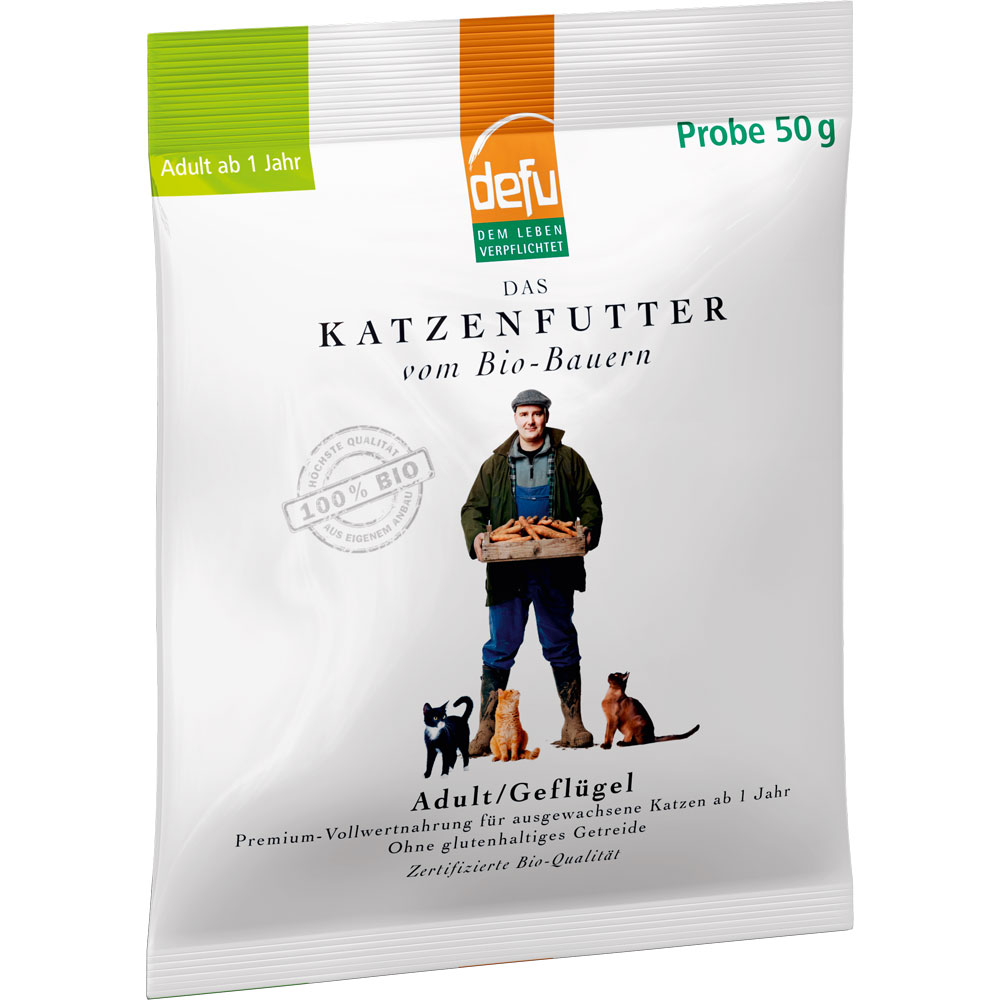 12er-VE Bio Katzentrockenfutter Probe Sorte Geflügel 50g defu - Bild 1