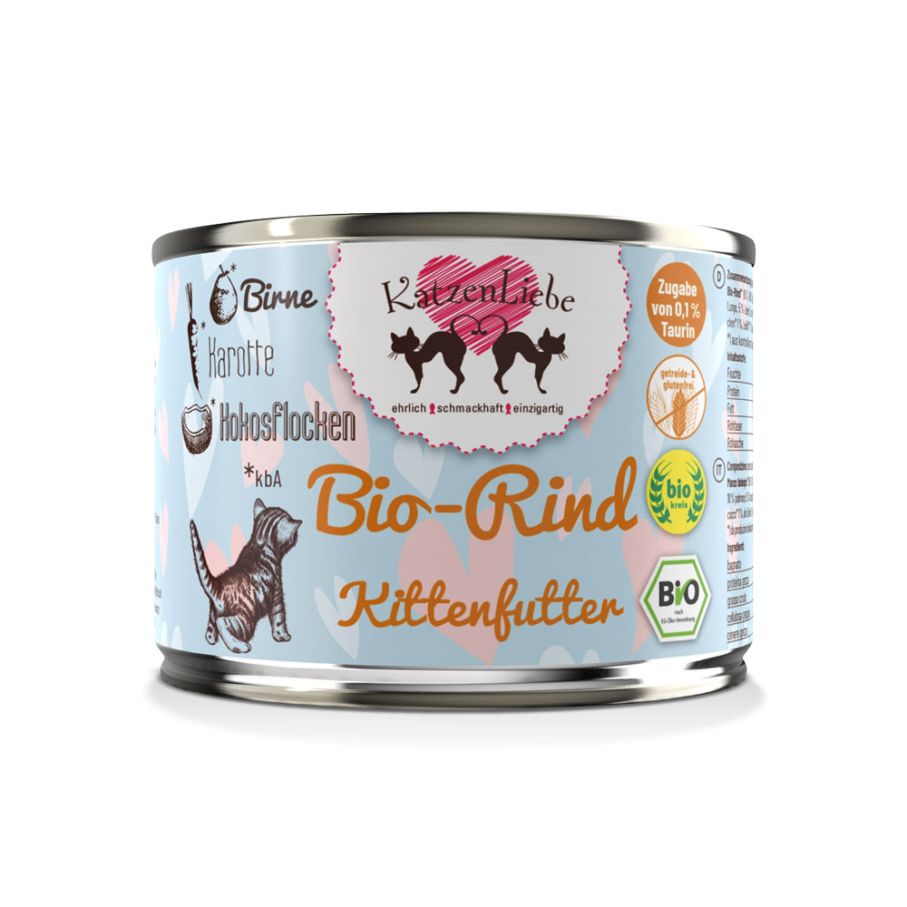 12er-VE Bio Rind mit Karotte, Ergänzungsfutter Kitten 200g  Katzenliebe - Bild 1