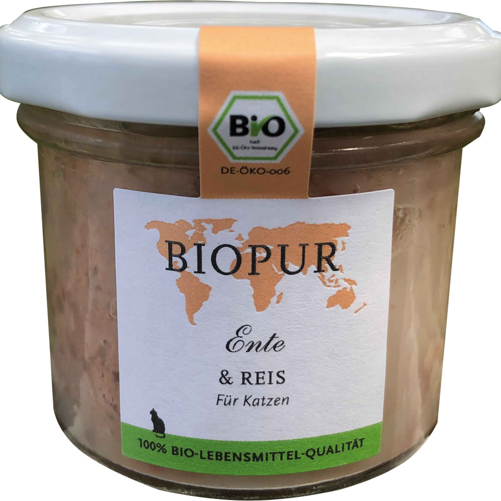 12er-VE Ente & Reis 100g im GLAS (!!!) Glutenfrei Bio-Katzenfutter Biopur - Bild 1