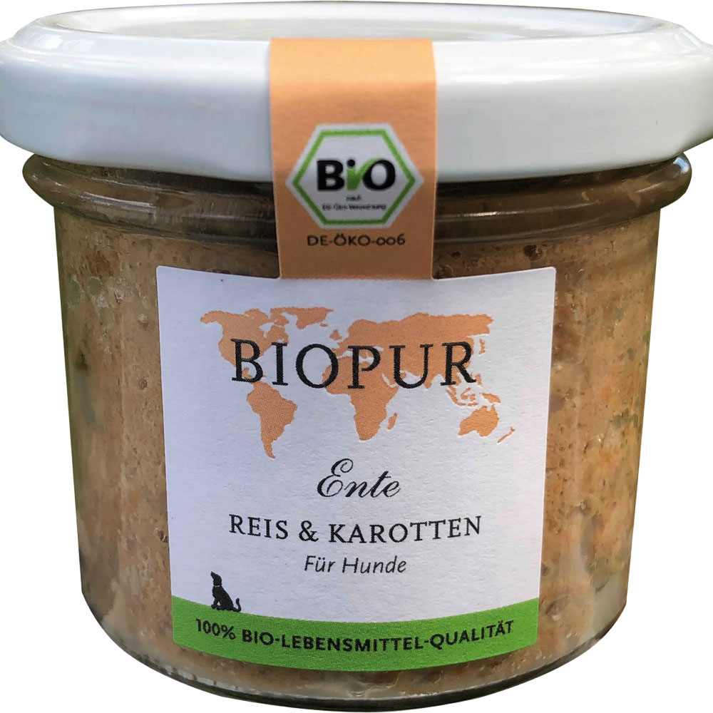 12er-VE Ente, Reis & Karotten 100g im GLAS (!!!) Glutenfrei Bio-Hundefutter Biop - Bild 1