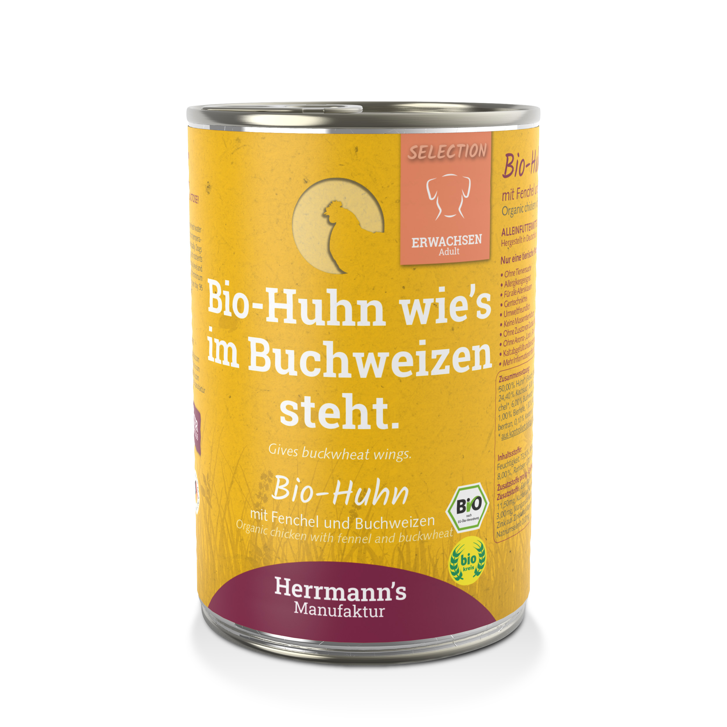 12er-VE Hundefutter Bio Huhn mit Fenchecl und Buchweizen 400g Herrmann's - Bild 1