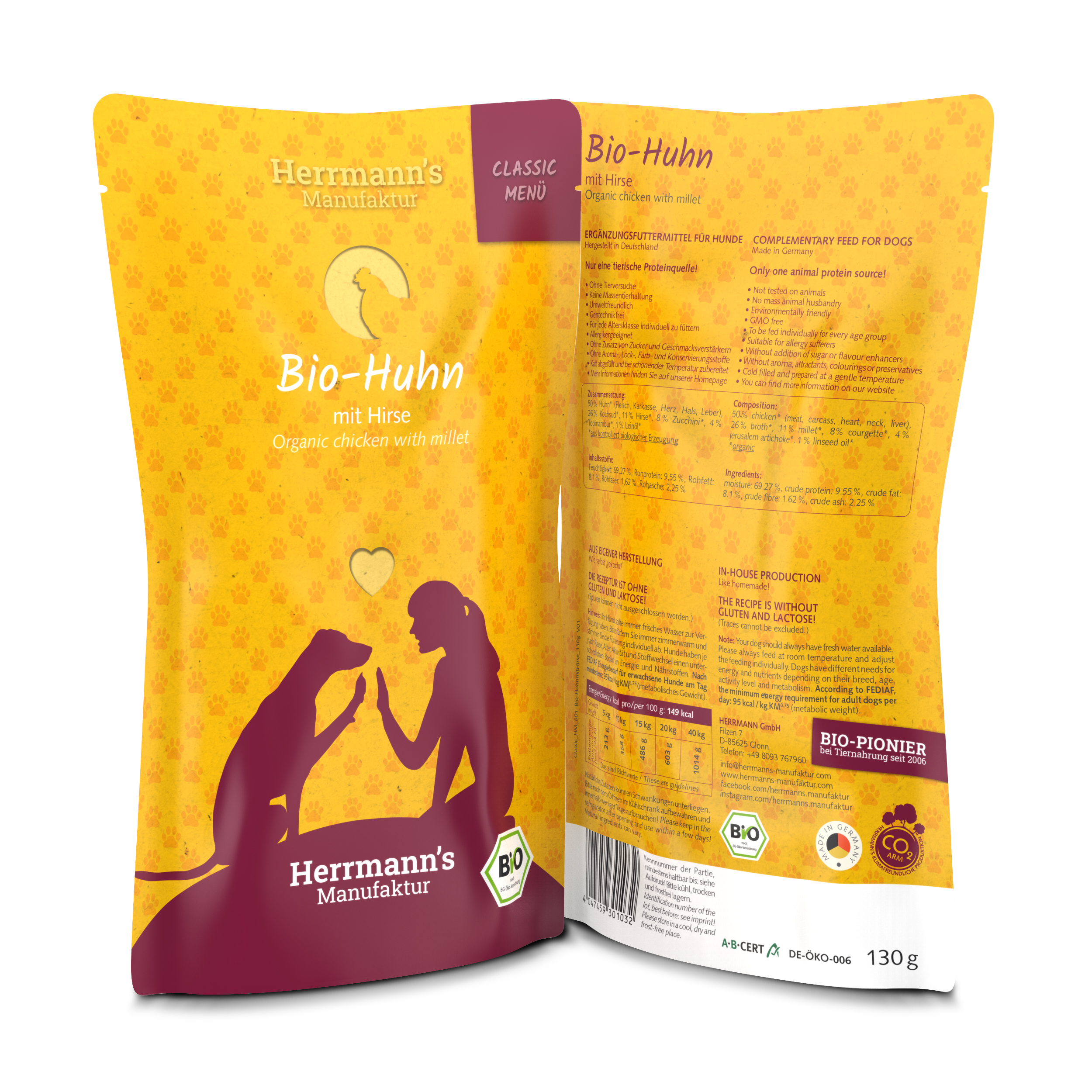 12er-VE Hundefutter Bio Huhn mit Hirse Classic 130g Herrmann's - Bild 1