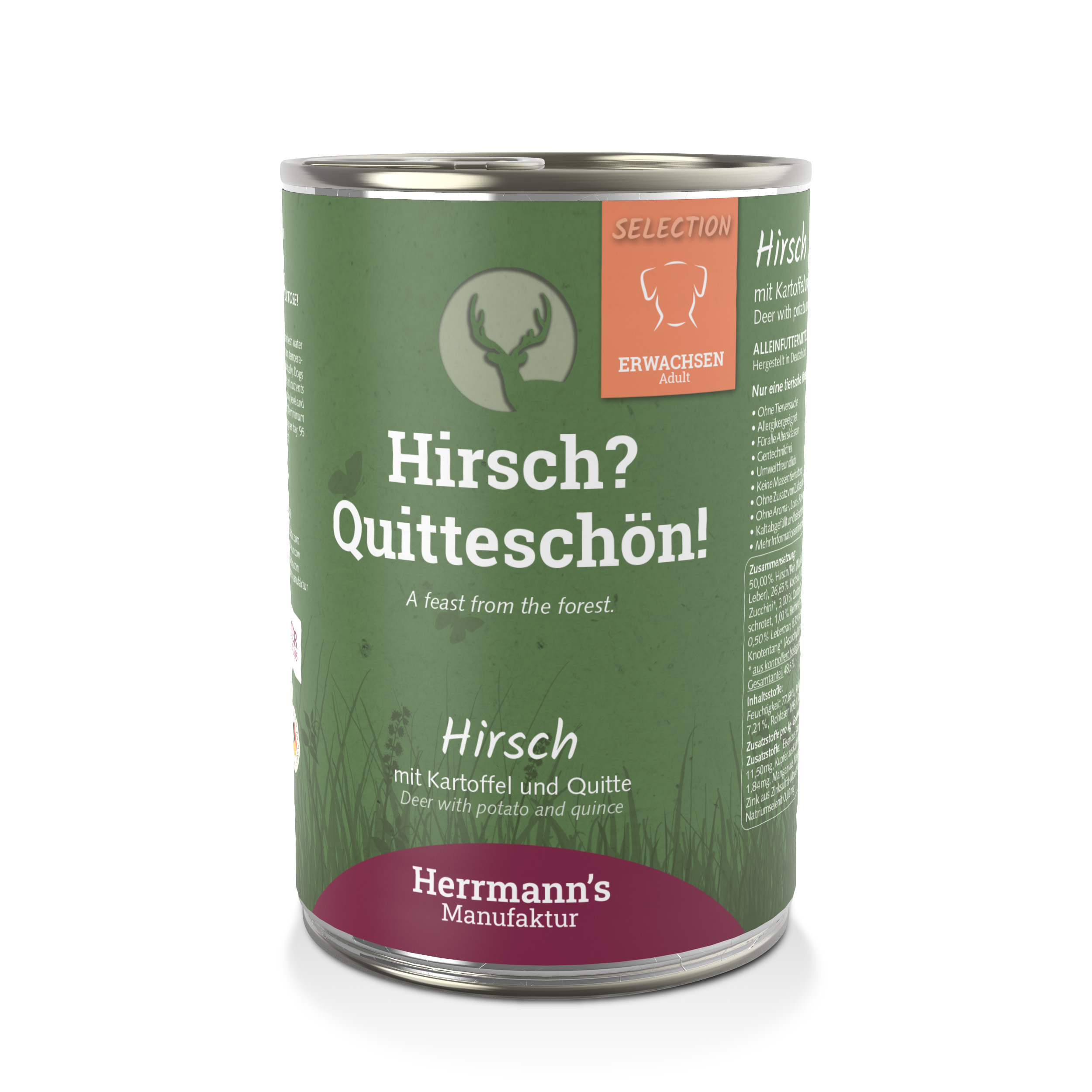 12er-VE Hundefutter Hirsch NICHT BIO mit Kartoffel und Quitte 400g Herrmann's - Bild 1