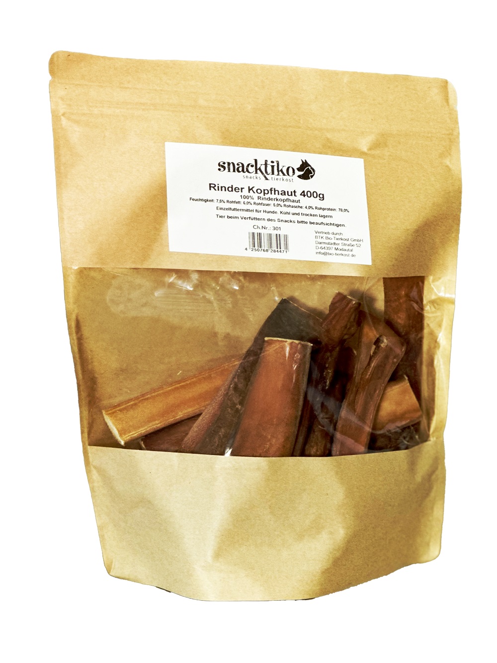 25er-VE Bio Hunde Snack Rinder-Kopfhaut 400g Snacktiko - Bild 1