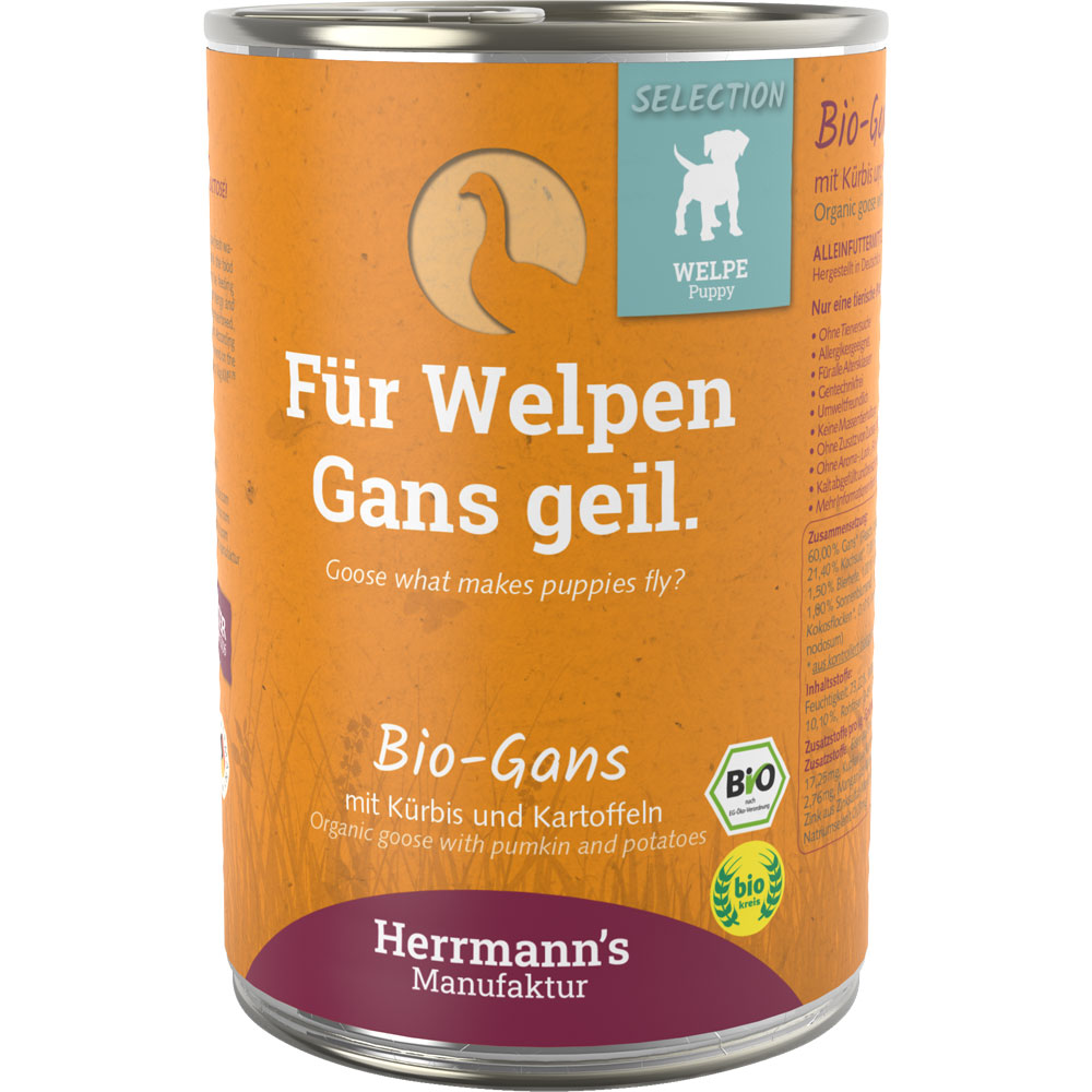 3er-SET Bio Hunde Erg&auml;nzungsfutter Welpen: Gans, K&uuml;ribs, Kart. 400g Herrmanns - Bild 1
