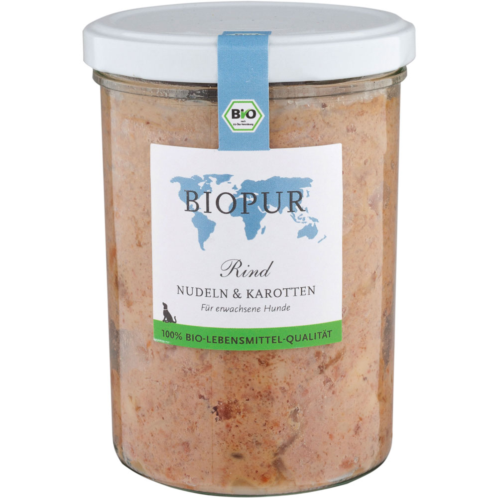 3er-SET Bio Hundefutter Rind, Nudeln, Karotten im GLAS (!!!) 370g Biopur - Bild 1