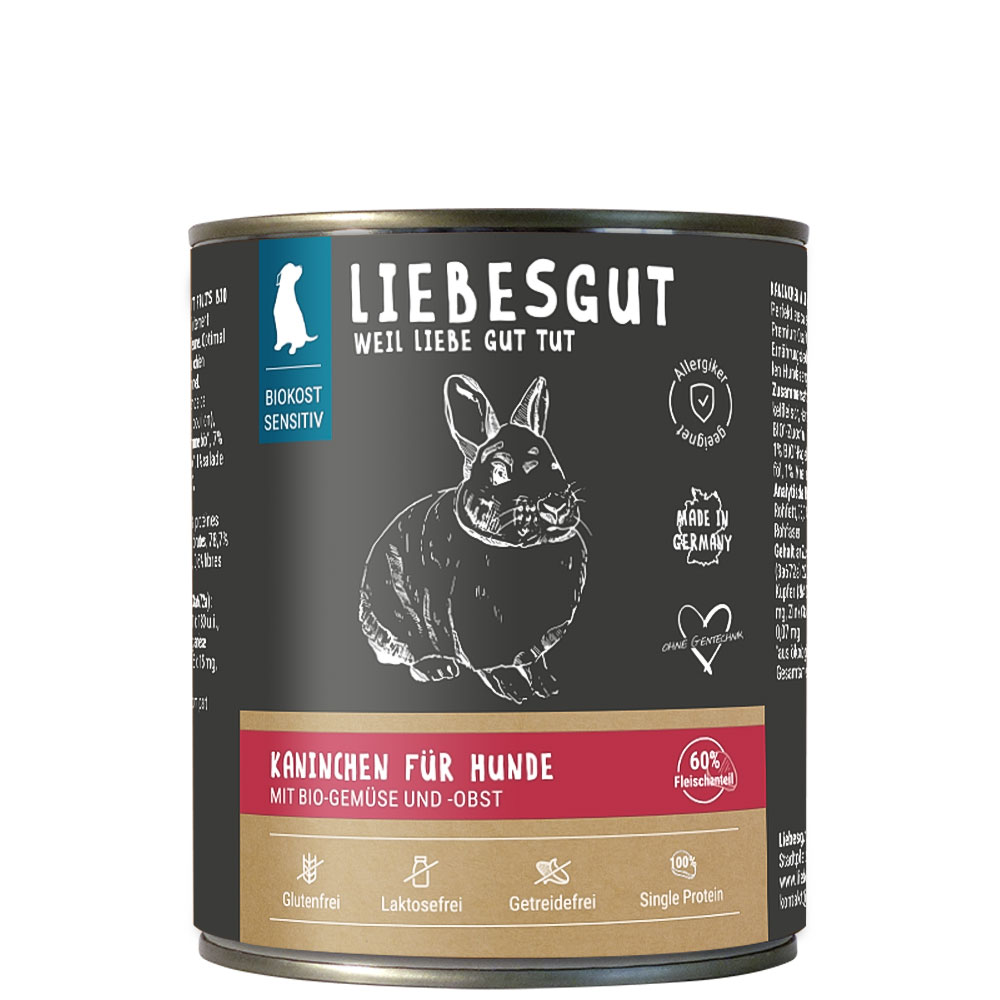 3er-SET Hundefutter Sensitiv Kaninchen (nicht Bio) m. Gemüse u. Obst 800g Liebes - Bild 1