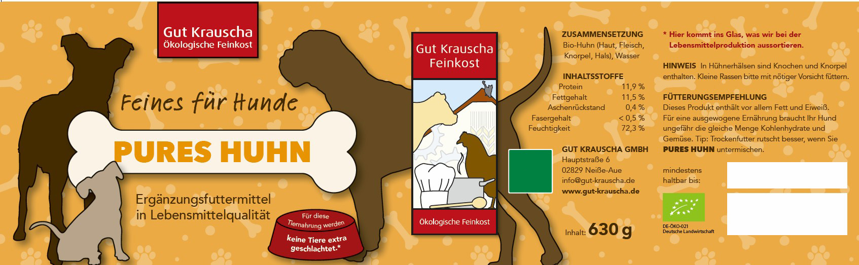 3er VE Bio-Tiernahrung Pures Huhn im Glas Hunde Erg&auml;nzungsfutter 630g Gut Krauscha - Bild 2