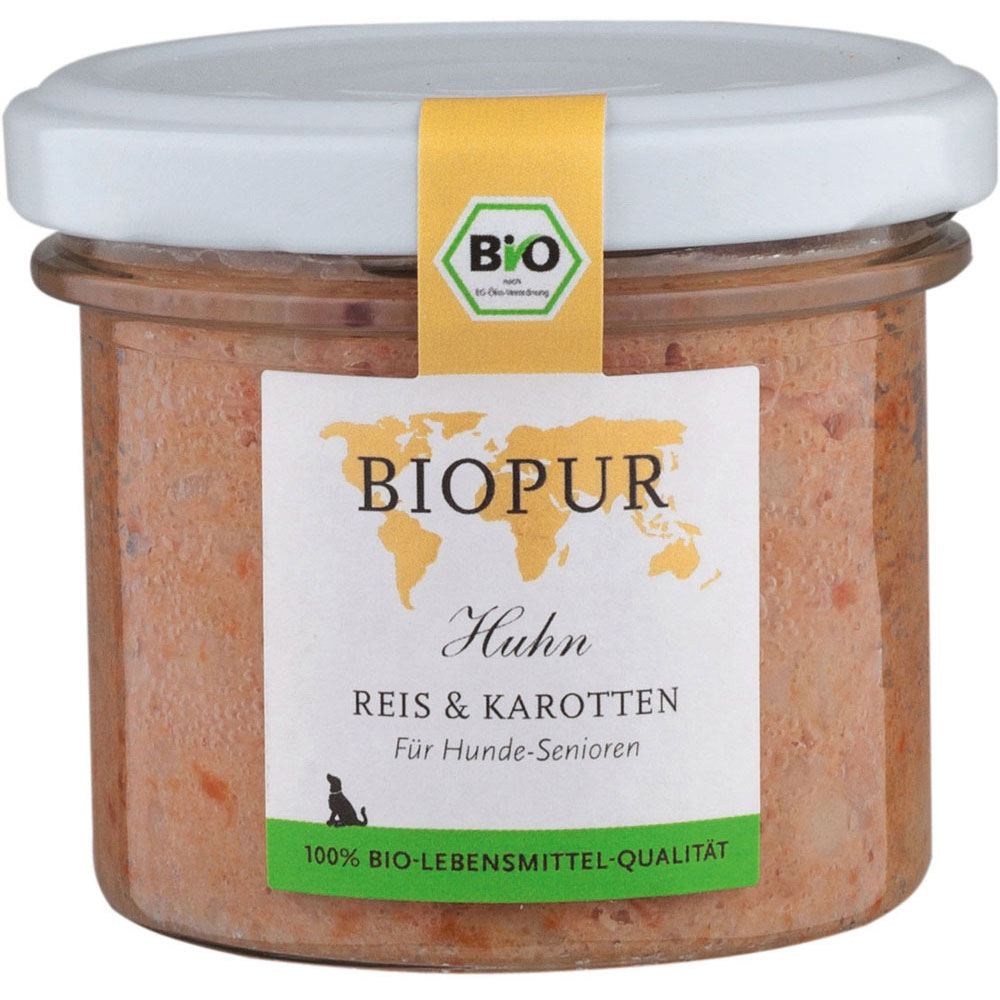 4er-SET Bio Hundefutter Senior: Huhn, Reis, Karotten im GLAS! 100g BIOPUR - Bild 1