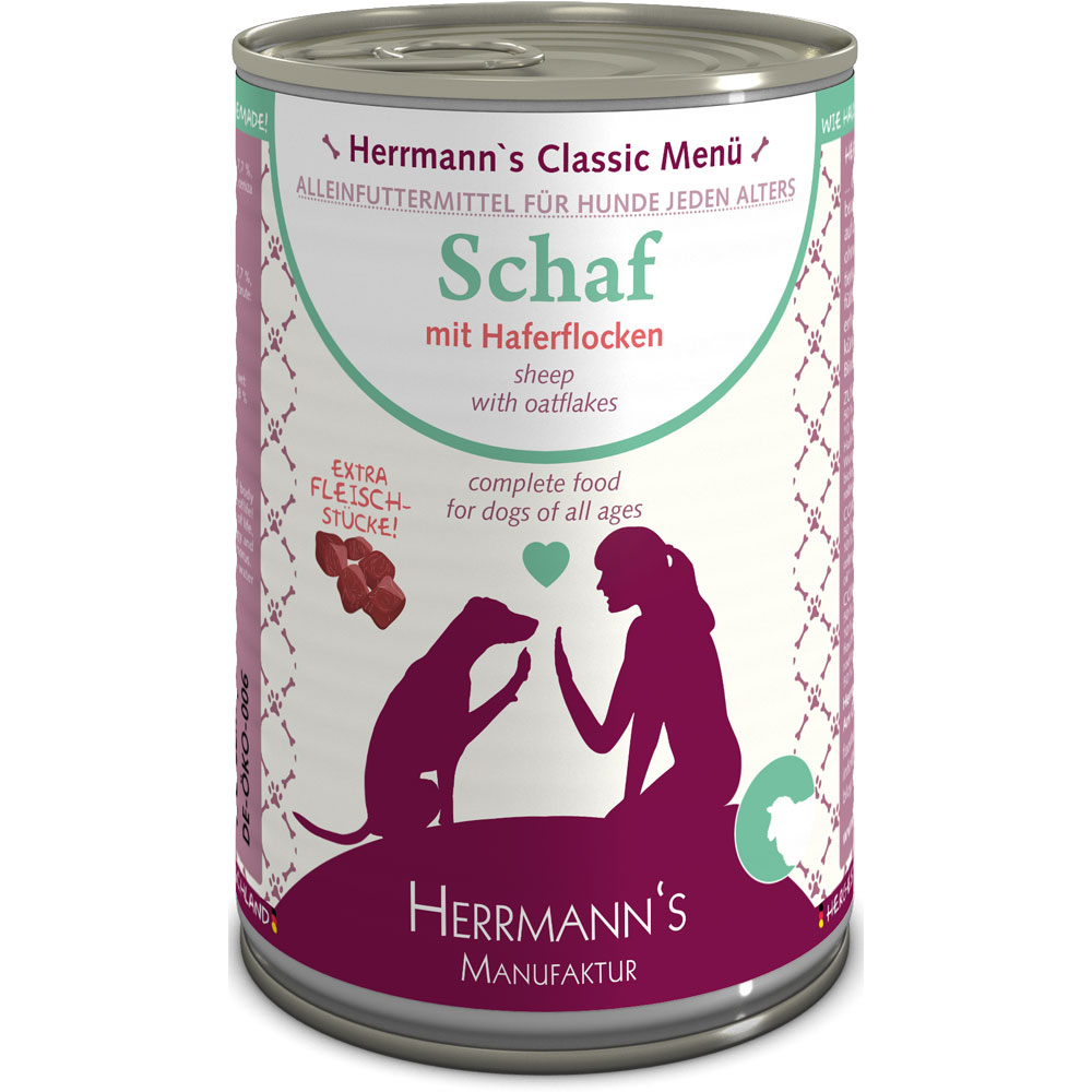 4er-SET Hundefutter Schaf (nicht Bio) mit Haferflocken 400g Herrmann's - Bild 1