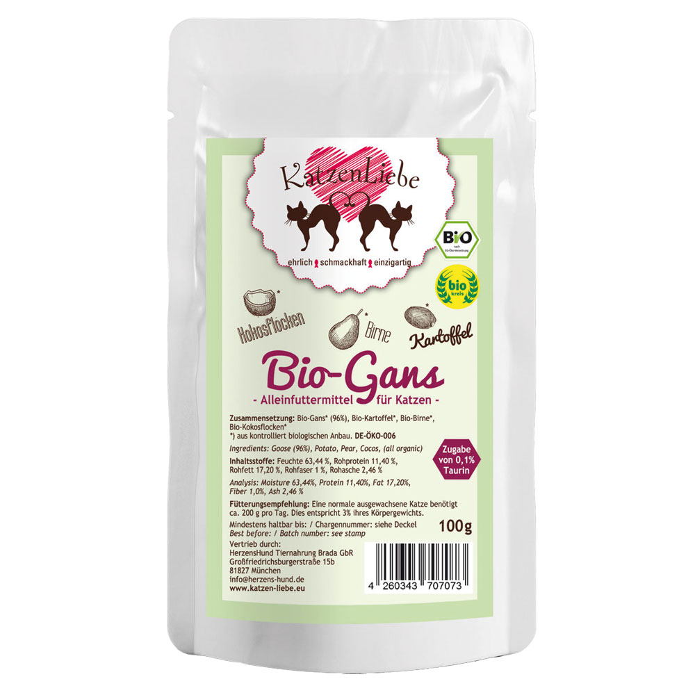 6er-SET Bio Erg&auml;nzungsfutter Katze Gans, Kartoffel, Birne Pouch Beutel 100g Katz - Bild 1