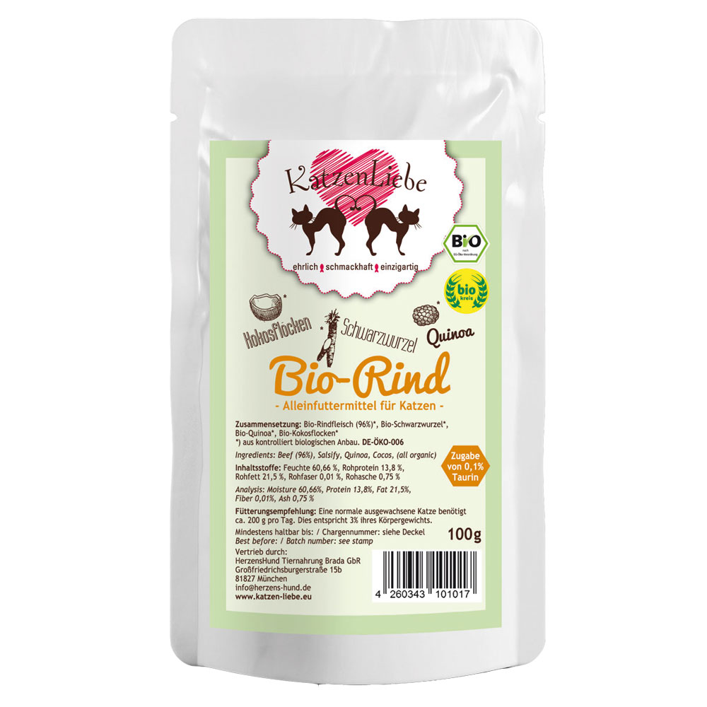 6er-SET Bio Erg&auml;nzungsfutter Katze Rind, Schwarzwurzel, Quinoa  Pouch Beutel 100 - Bild 1