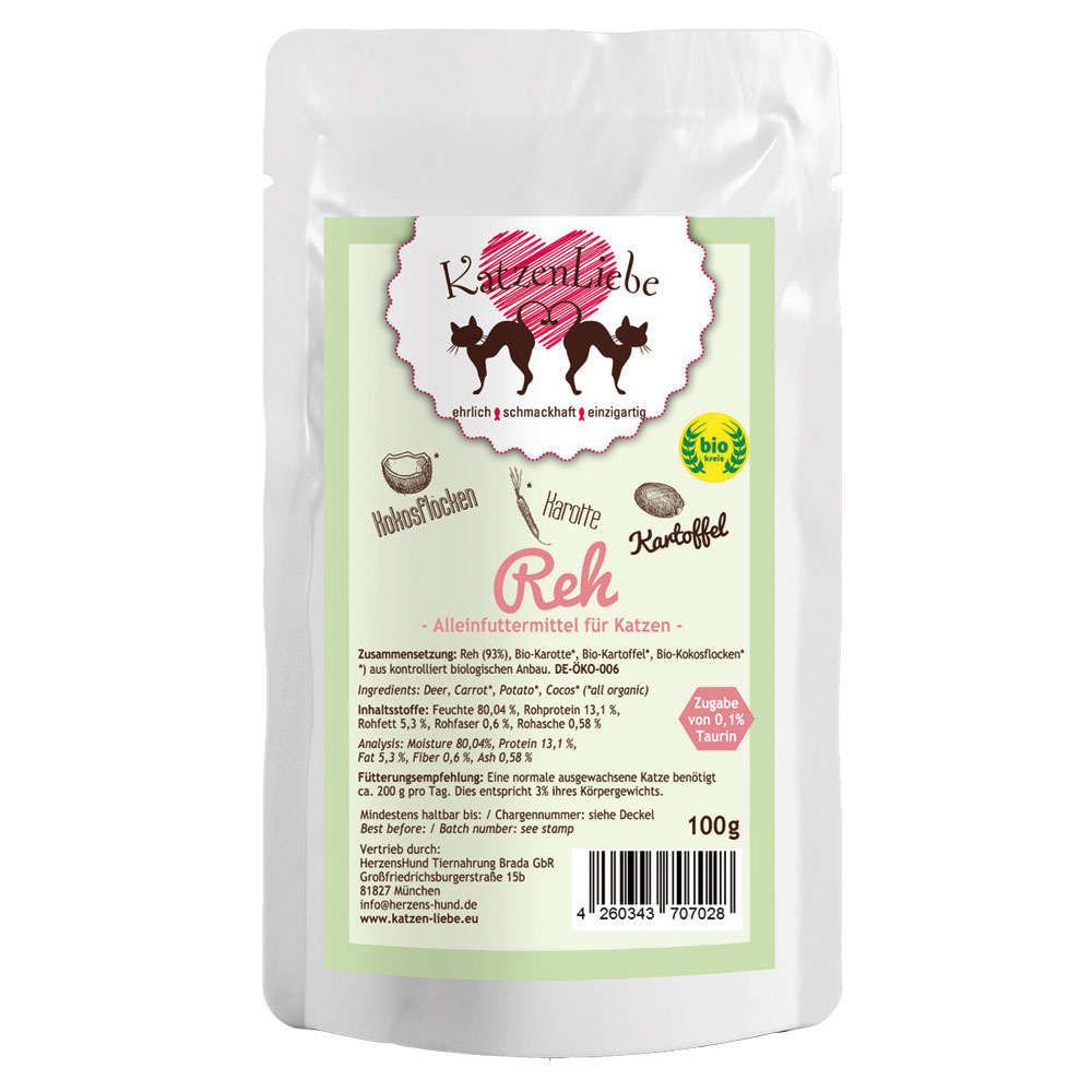 6er-SET Erg&auml;nzungsfutter Katze Reh mit Kartoffeln NICHT BIO, 100g Katzenliebe - Bild 1