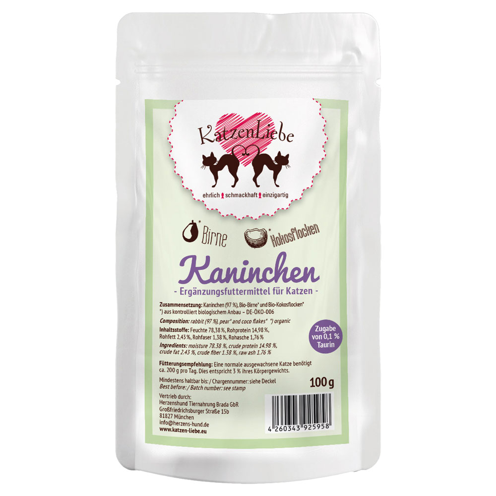 6er-SET Katze Erg&auml;nzungsfutter Kaninchen (Nicht Bio) Birne, Kokosfl. 100g Katzen - Bild 1