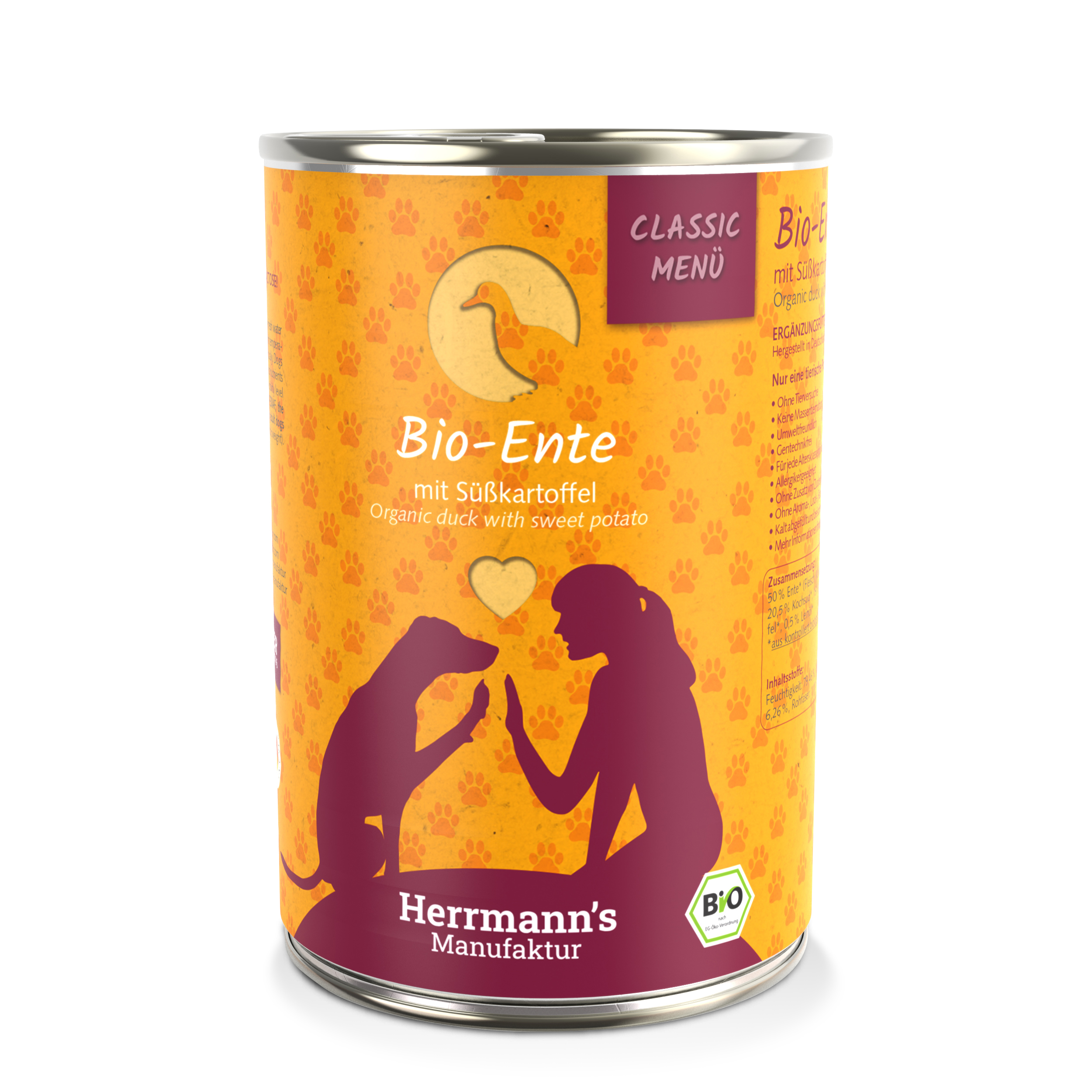 6er-VE Bio Hundefutter Ente Menu 1 mit Sue&szlig;kartoffel, Kuerbis, Nachtkerzenoel - Bild 1