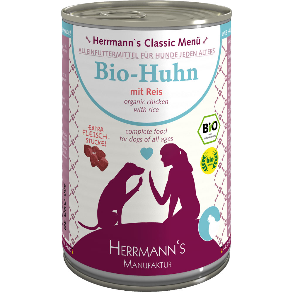 6er-VE Bio Hundefutter Huhn Menu 1 mit Reis, Karotte, Leinoel 400g - Bild 1