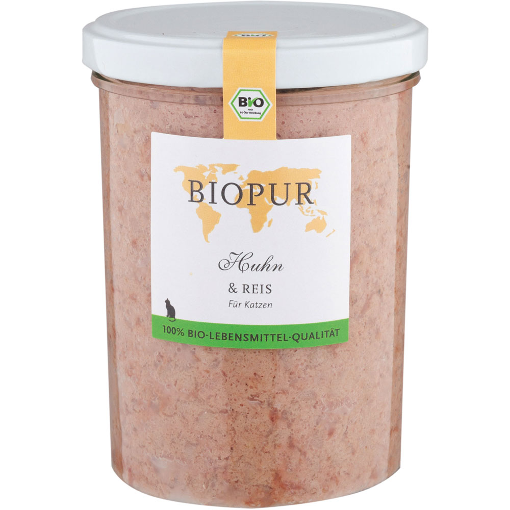 6er-VE Bio Katzenfutter Huhn, Reis im Glas 370g BioPur - Bild 1