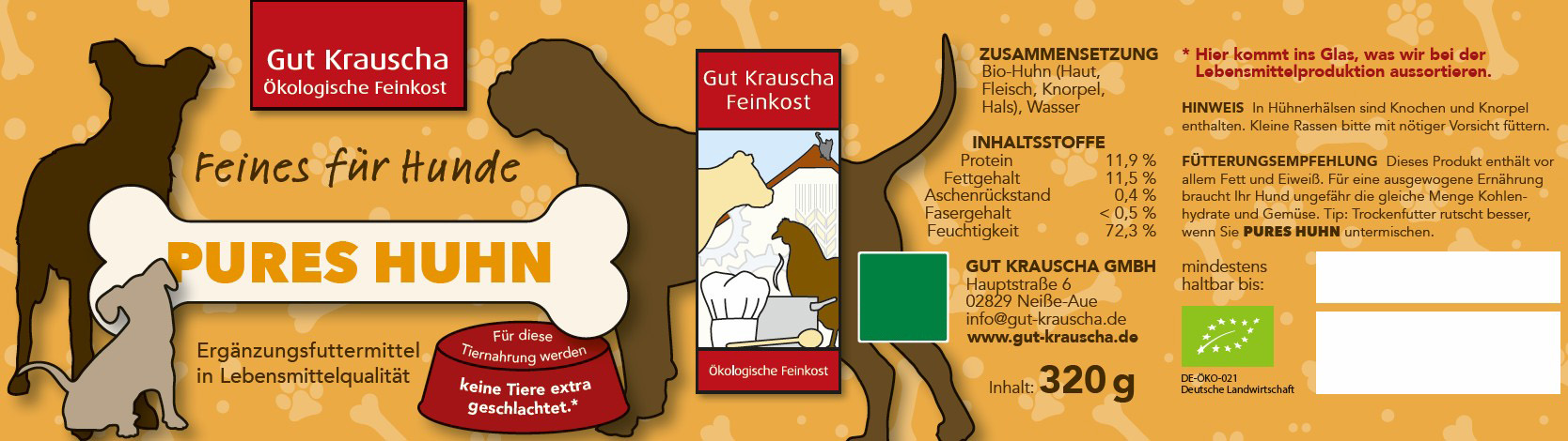 6er VE Bio-Tiernahrung Pures Huhn im Glas Hunde Erg&auml;nzungsfutter 320g Gut Krauscha - Bild 2