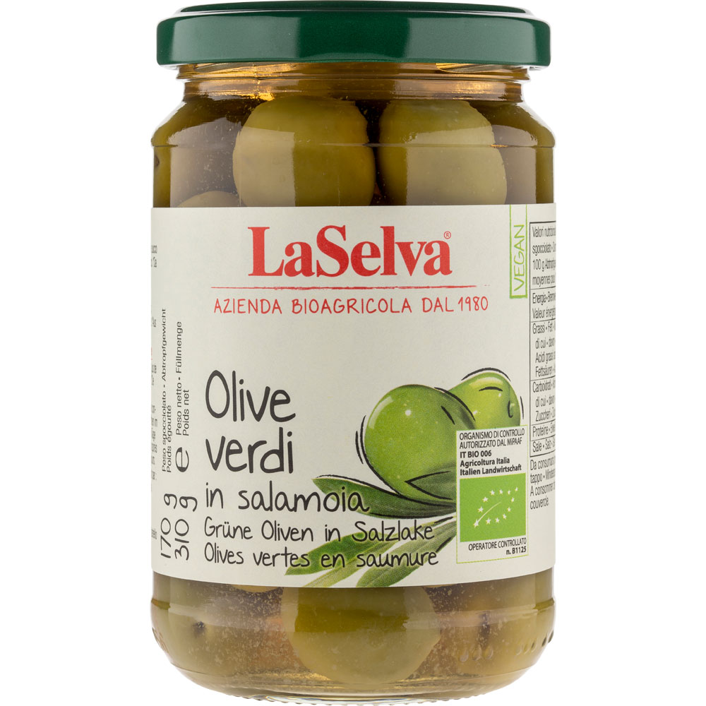 6er-VE Grüne Oliven in Salzlake im Glas 310g LaSelva - Bild 1