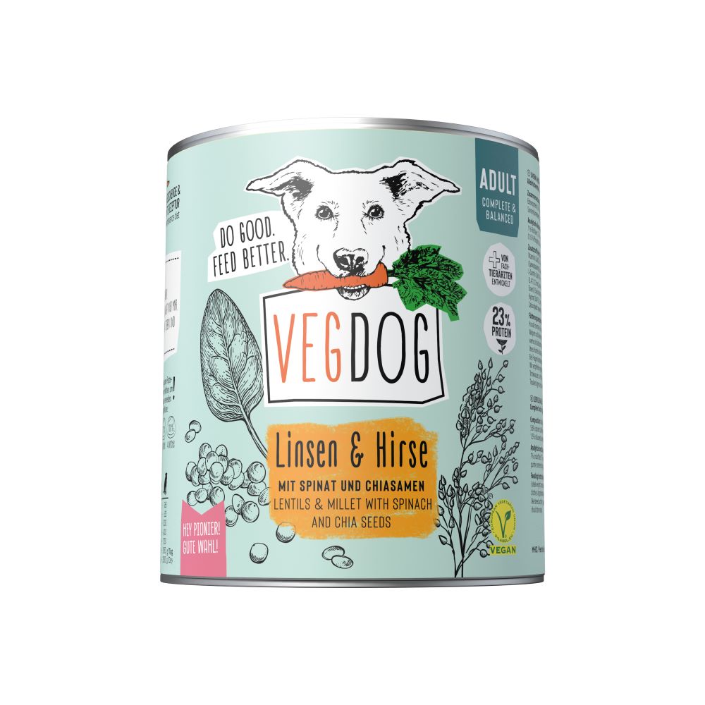 6er-VE Hunde Alleinfutter Adult Linsen, Hirse, nicht Bio, vegan 800g VEGDOG - Bild 1