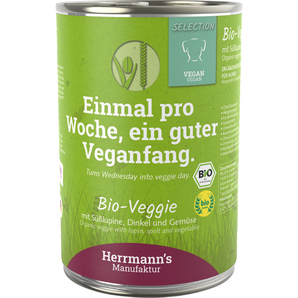 6er-VE Hundefutter BioVeggie m.wei&szlig;er S&uuml;&szlig;lupine, Dinkel u.Gem&uuml;se 400g Herrmanns - Bild 1