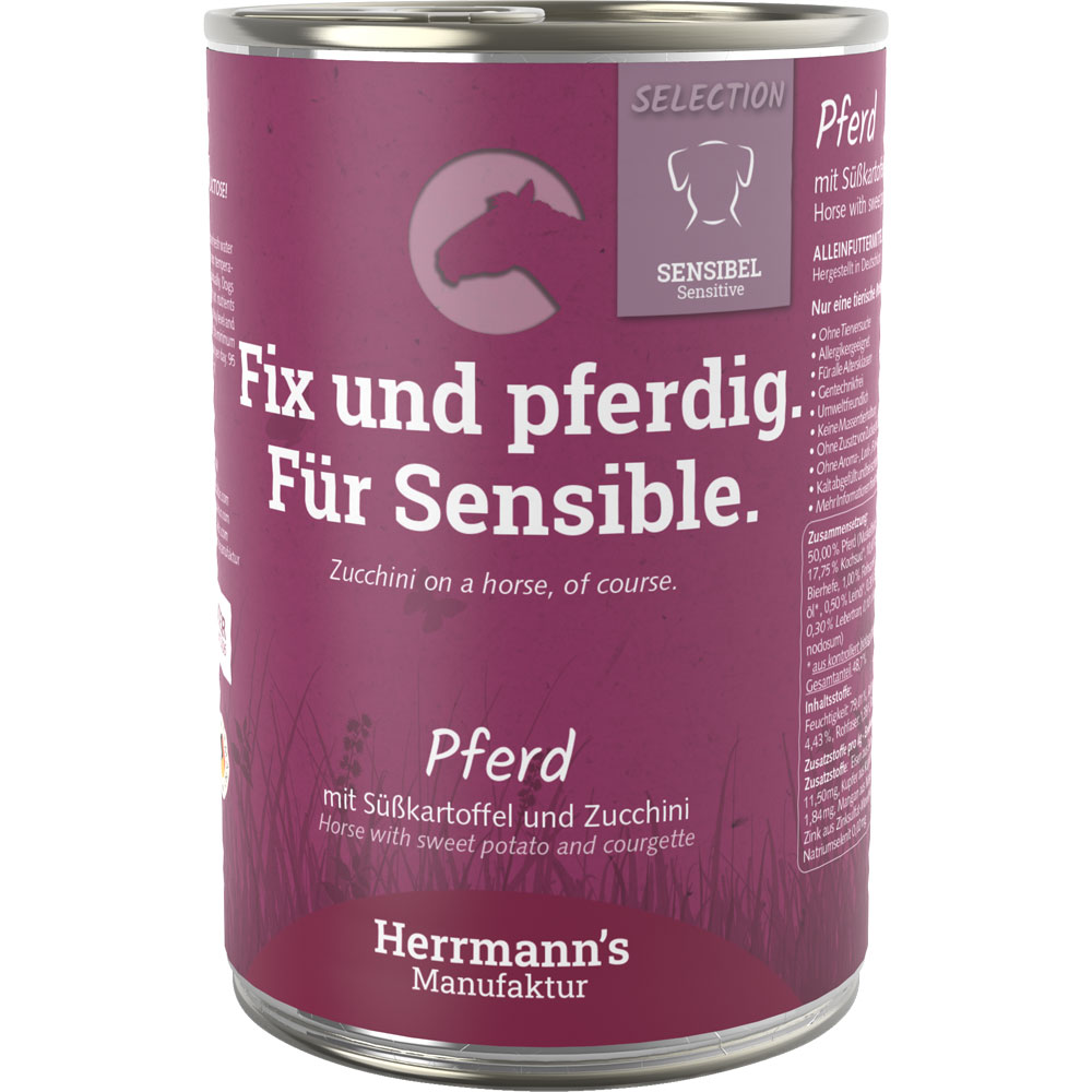 6er-VE Hundefutter Pferd (Nicht-Bio) mit S&uuml;&szlig;kart. und Zucchini 400g Herrmanns - Bild 1