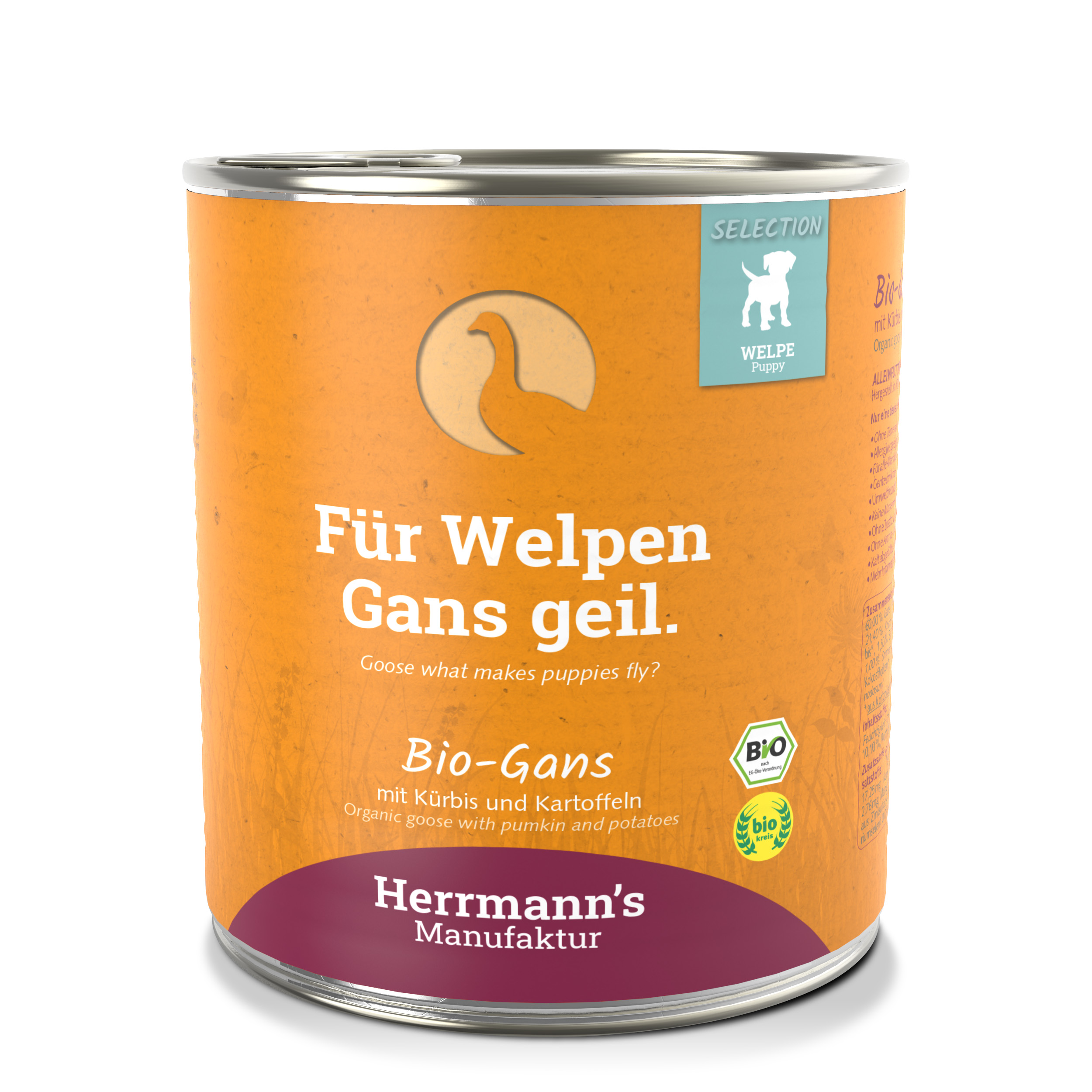 6er-VE Hundefutter Welpe: Bio Gans mit Kürbis Kartoffeln  800g Herrmann's - Bild 1