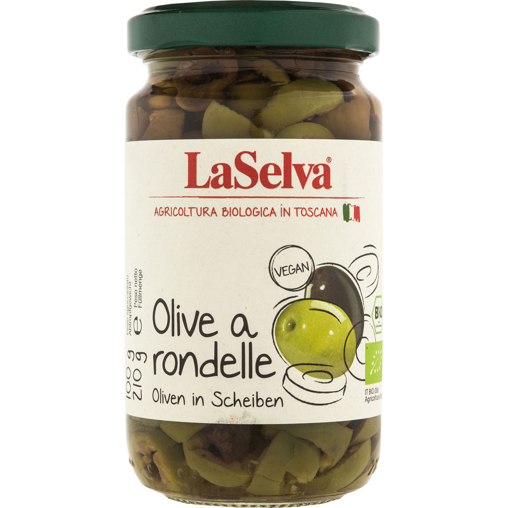 6er-VE Oliven a rondelle -grüne und schwarze Oliven in Scheiben 210g La Selva - Bild 1