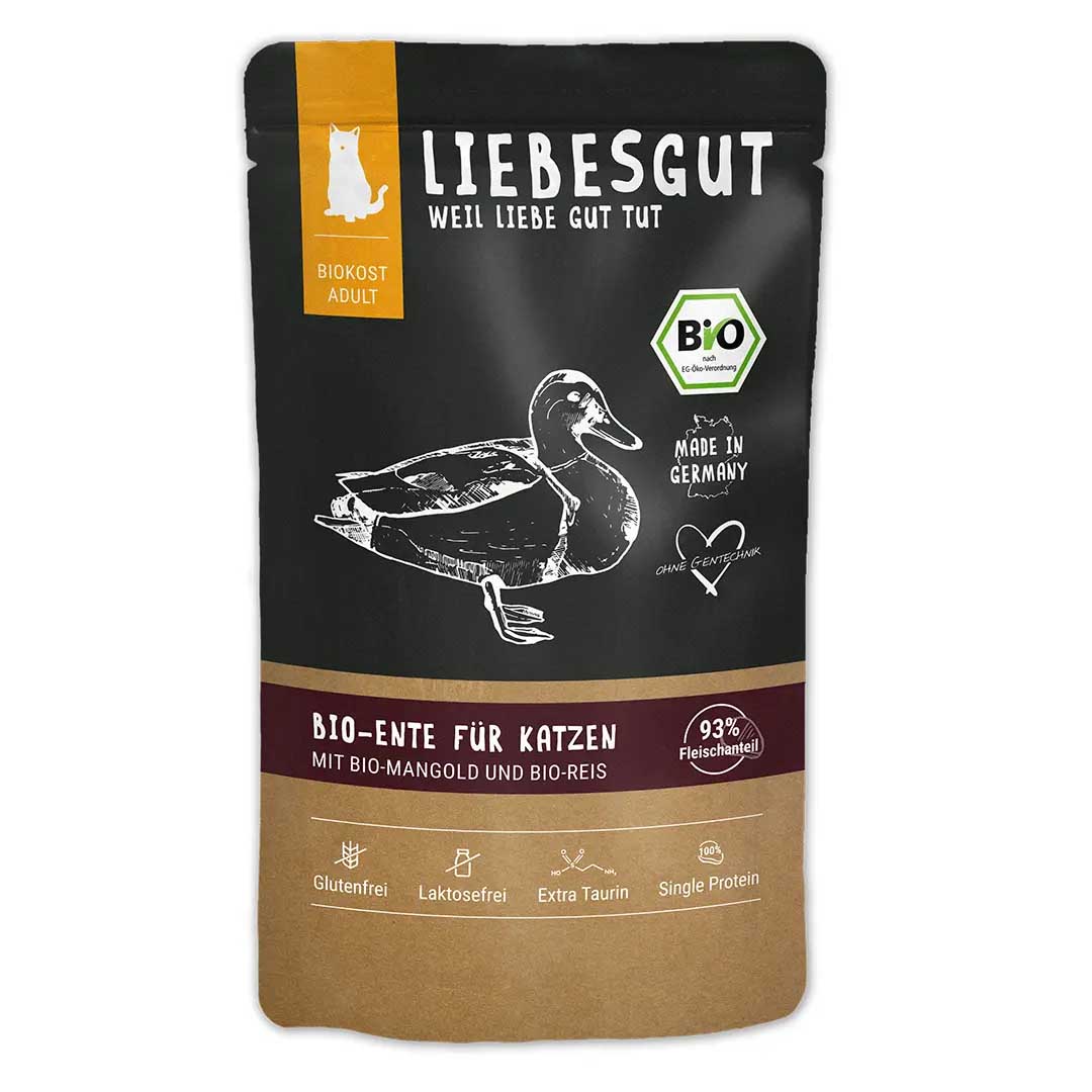 Bio Ente mit Mangold und Reis Katze Nass-Alleinfutter 12x100g VE Liebesgut - Bild 1