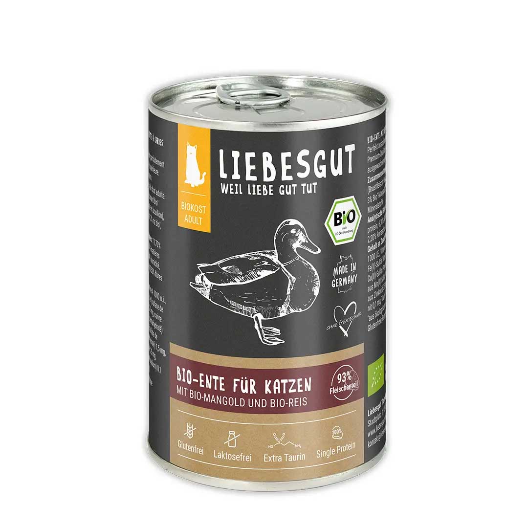 Bio Ente mit Mangold und Reis Katze Nass-Alleinfutter 6x400g VE Liebesgut - Bild 1
