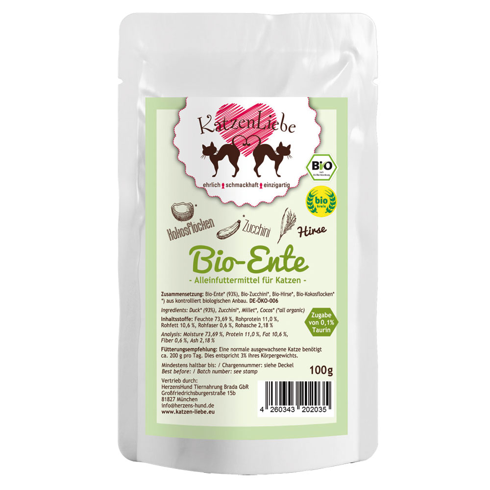 Bio-Erg&auml;nzungsfutter Katze Ente mit Zucchini, Hirse und Kokosfl. 100g K - Bild 1