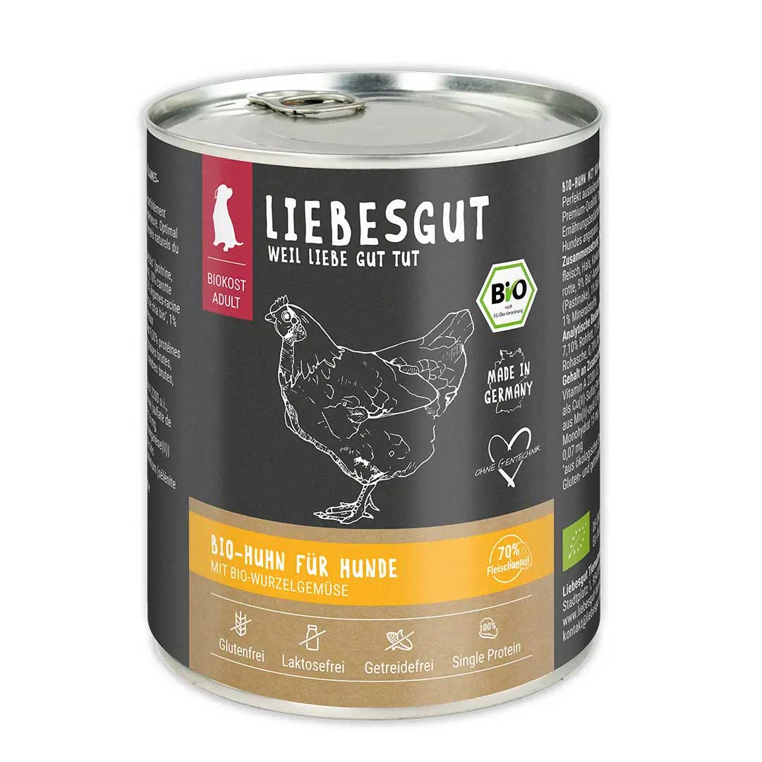 Bio Huhn mit Wurzelgem&uuml;se und Amaranth Hund Nass-Alleinfutter 6x800g VE Liebesgut - Bild 1