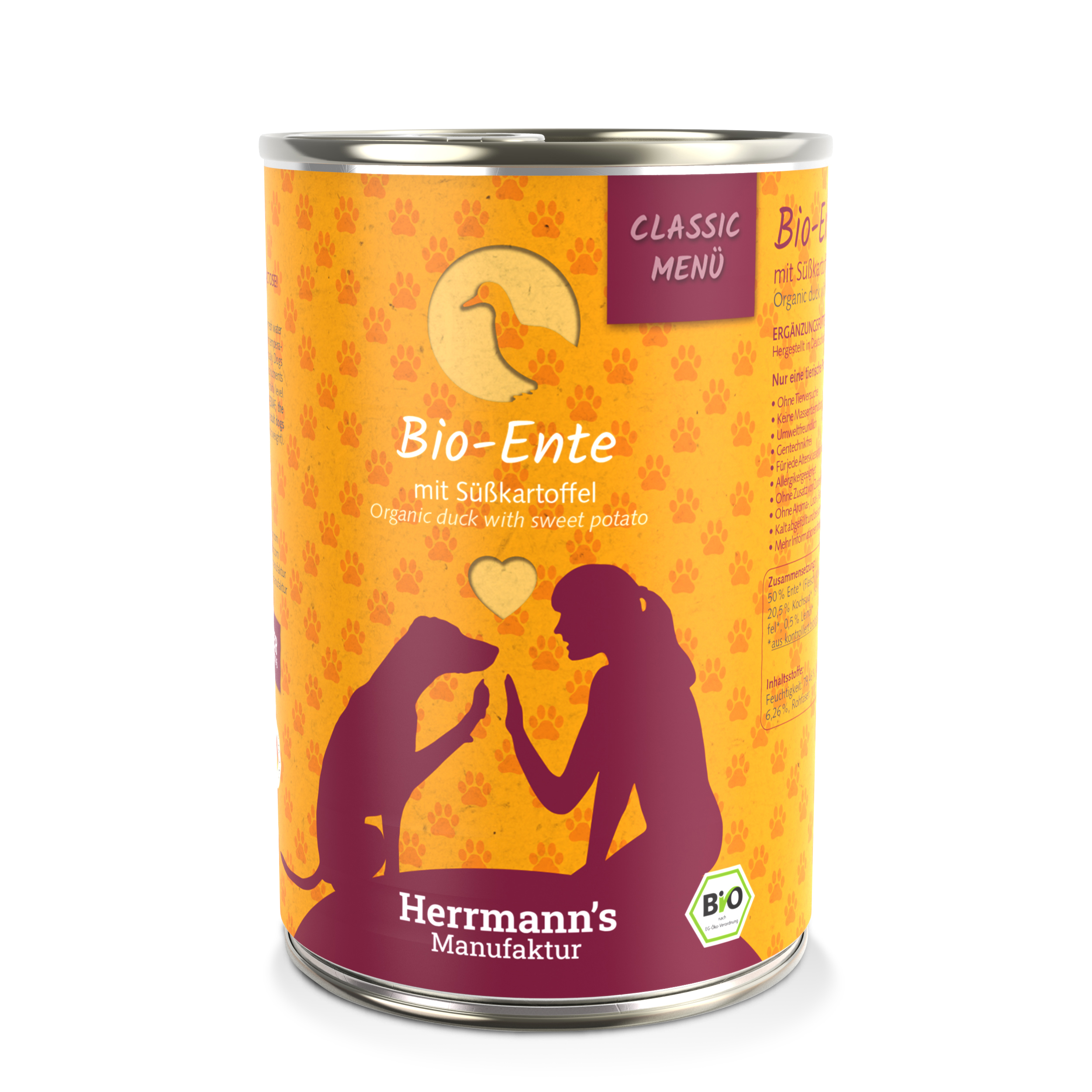 Bio Hundefutter Ente Menu 1 mit Sueßkartoffel, Kuerbis, Nachtkerzenoel 400g - Bild 1